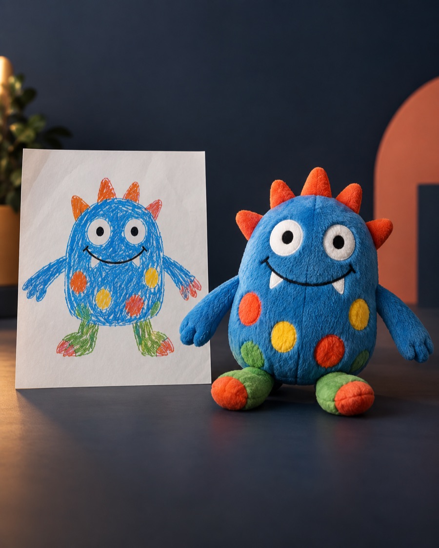 A child's drawing turned into a plush toy