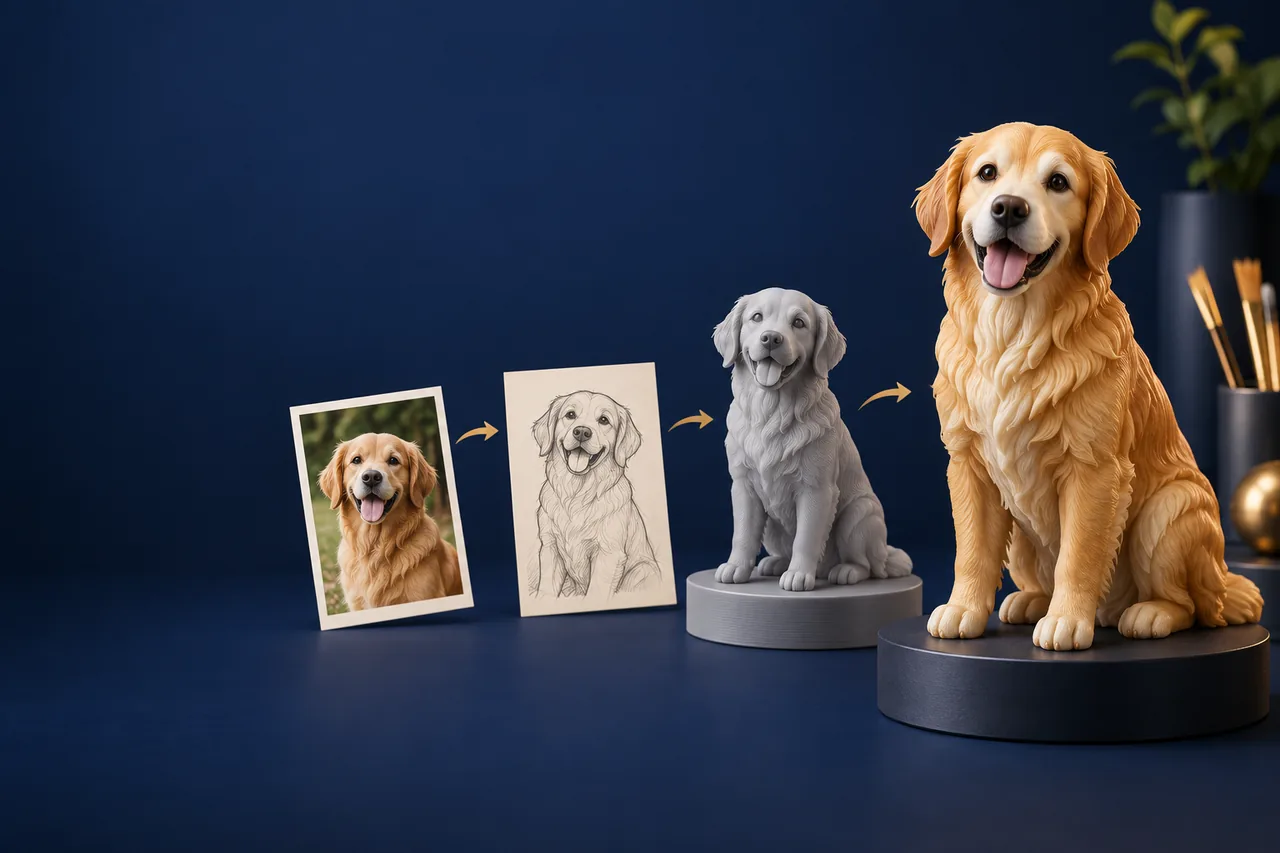 Illustration showing a golden retriever photo becoming a sketch, a grey 3D printed prototype and a finished hand-painted pet figure