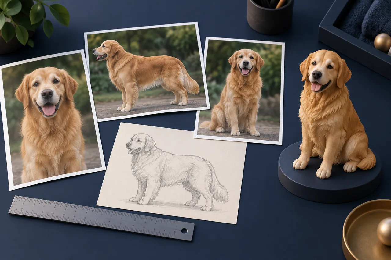 Illustration of several dog reference photographs, a sketch and a small display figure used to plan a custom 3D printed pet figure