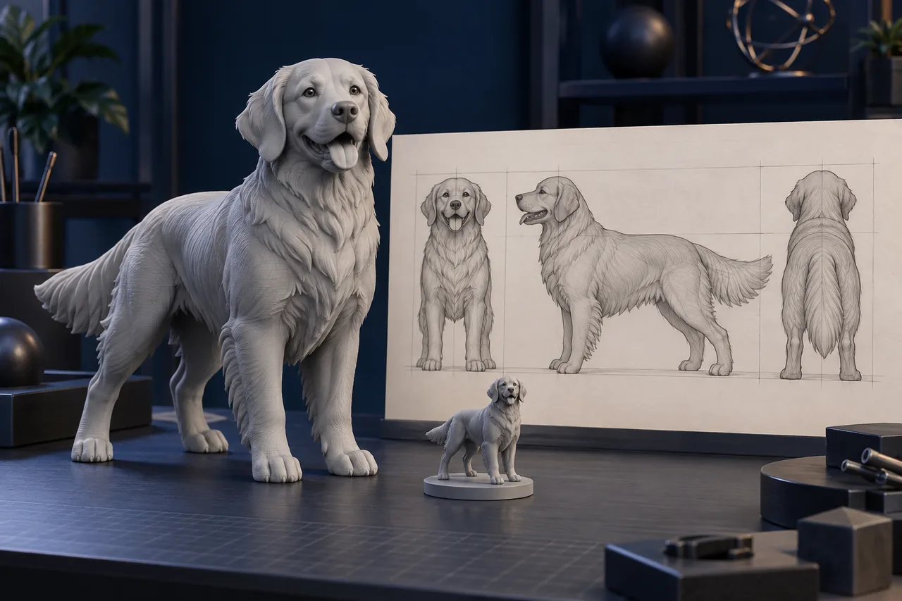 Illustration of a grey 3D model of a golden retriever beside its front, side and back reference views