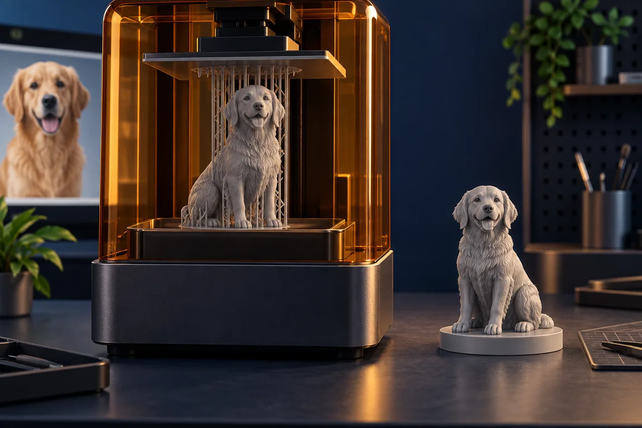 Illustration of a small grey golden retriever figure being made in an enclosed 3D printer