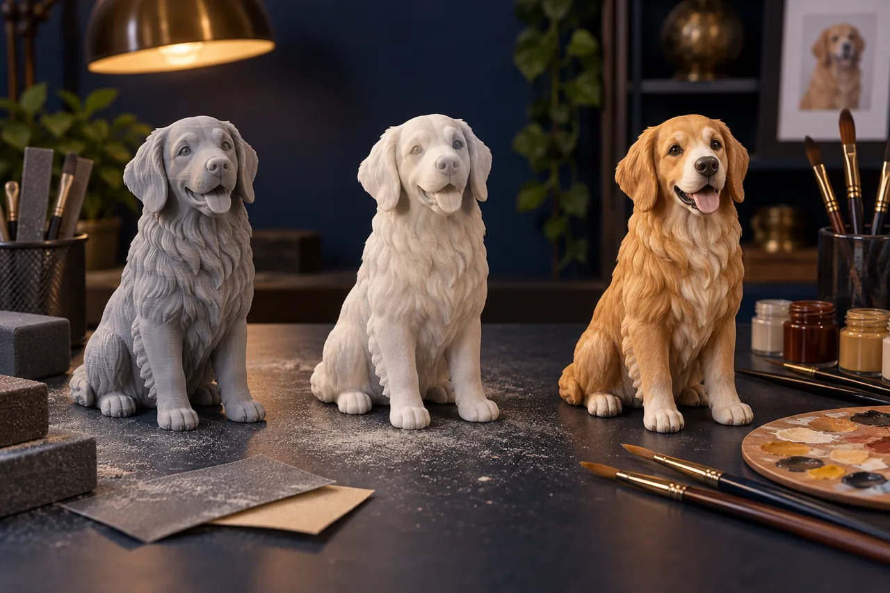 Illustration of a 3D printed dog figure moving from grey print to primer and hand-painted finish