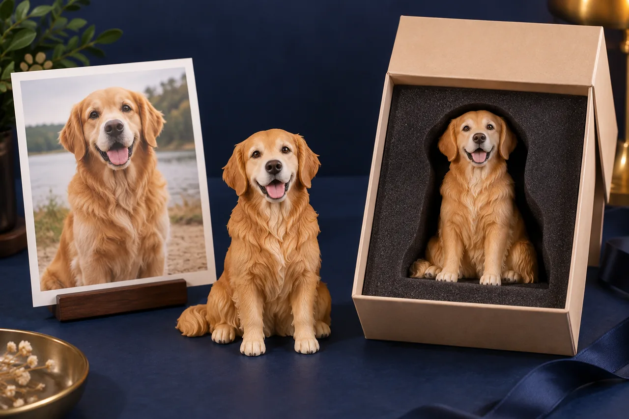 Illustration of a finished hand-painted golden retriever figure checked against its reference photo and placed in protective packaging