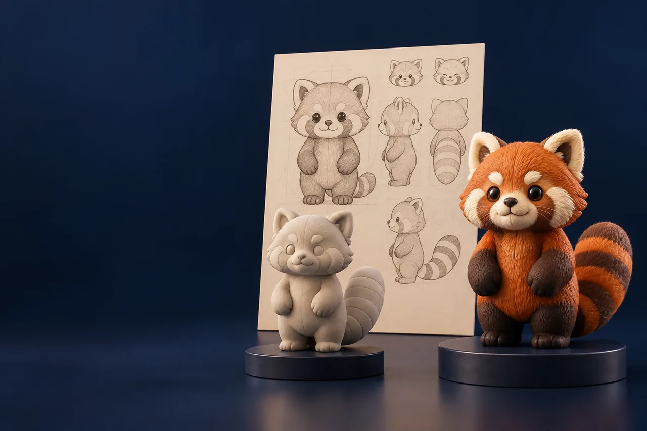 Illustration of original character artwork, a neutral prototype and a finished custom collectible figure