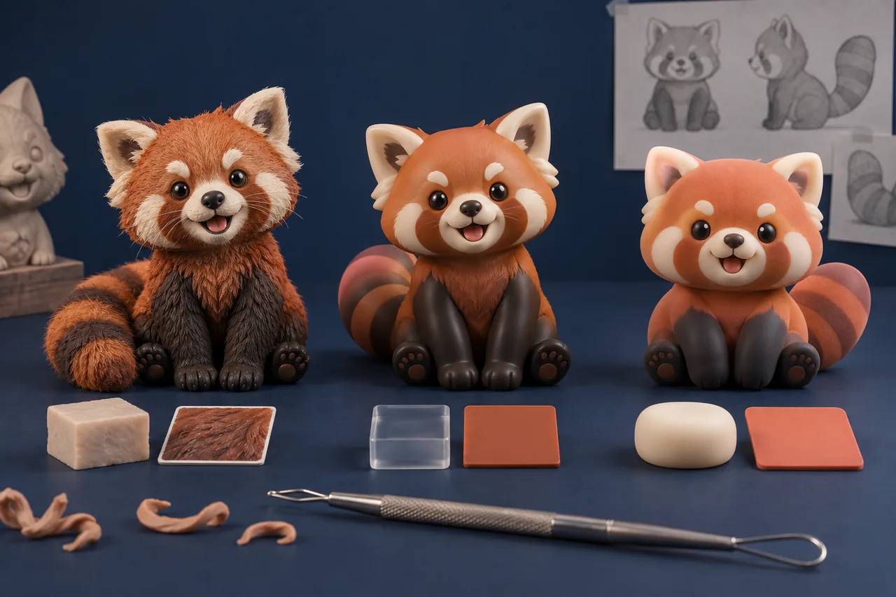 Illustration of one character explored as different collectible figure material directions