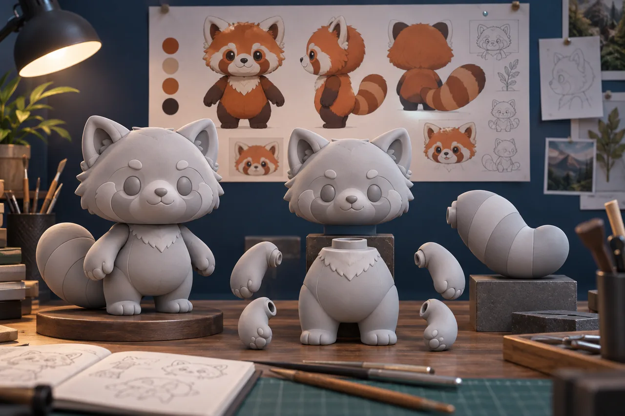 Illustration of an original character transformed into a grey 3D figure model with separate production parts