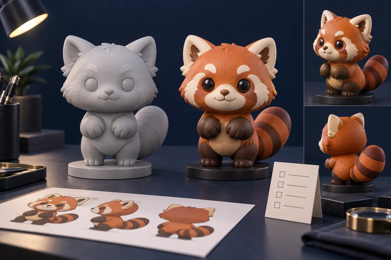 Illustration comparing a neutral custom figure prototype with the painted sample from multiple angles