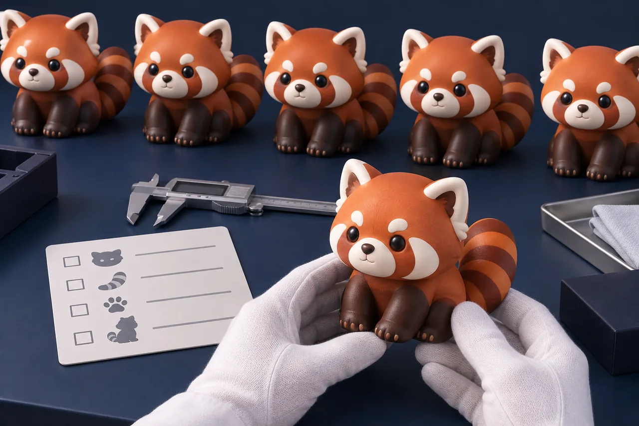 Illustration of a small batch of identical collectible figures being checked for consistent quality