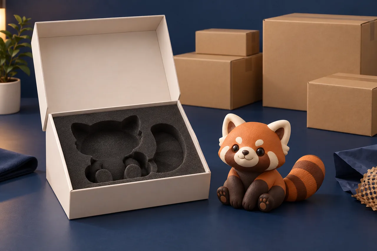 Illustration of a finished collectible figure, protective foam insert and plain shipping cartons prepared for delivery