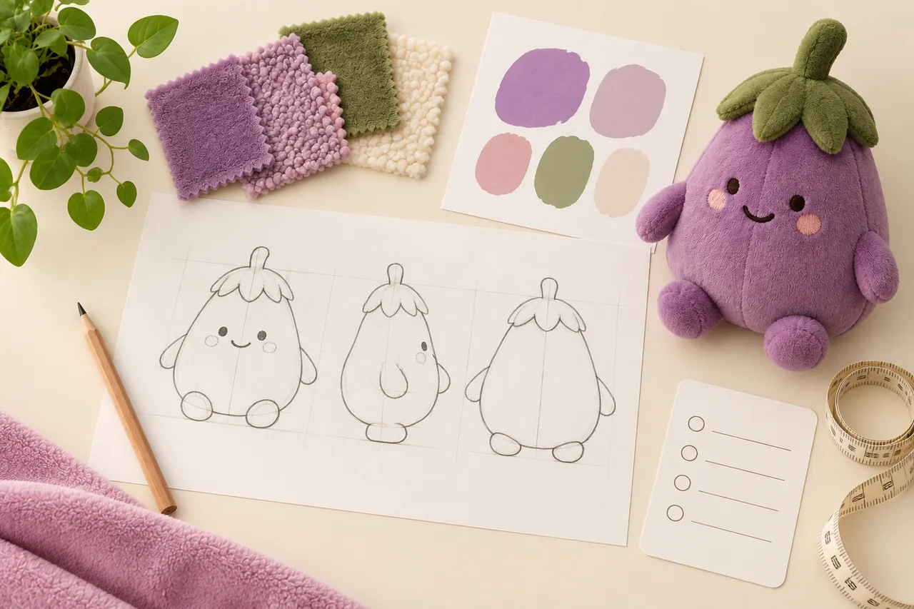 Illustration of gathering artwork and references for a custom plush brief