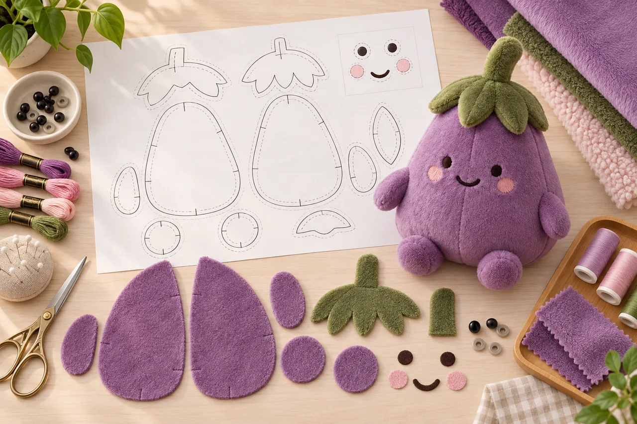 Illustration of a custom plush production specification with fabric panels and construction details