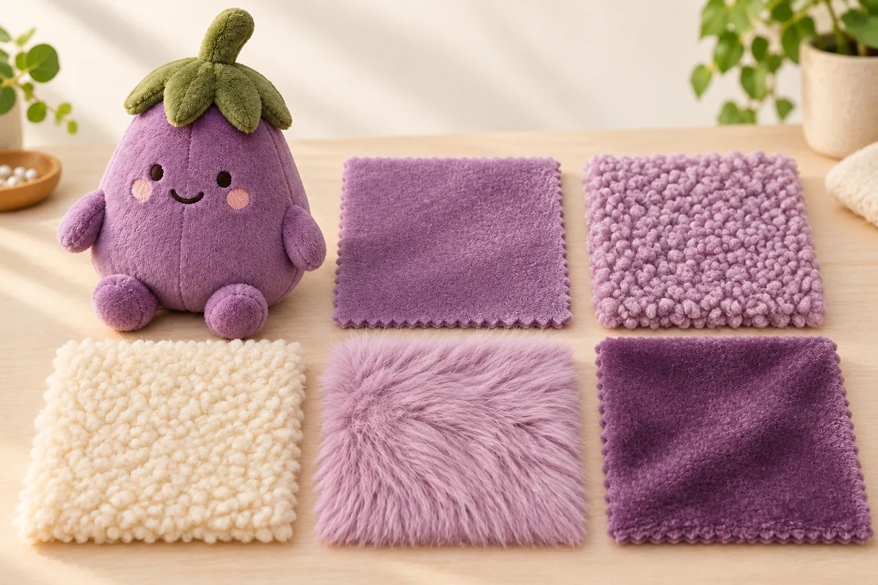 Illustration of comparing soft fabrics and embroidered details for a custom plush toy