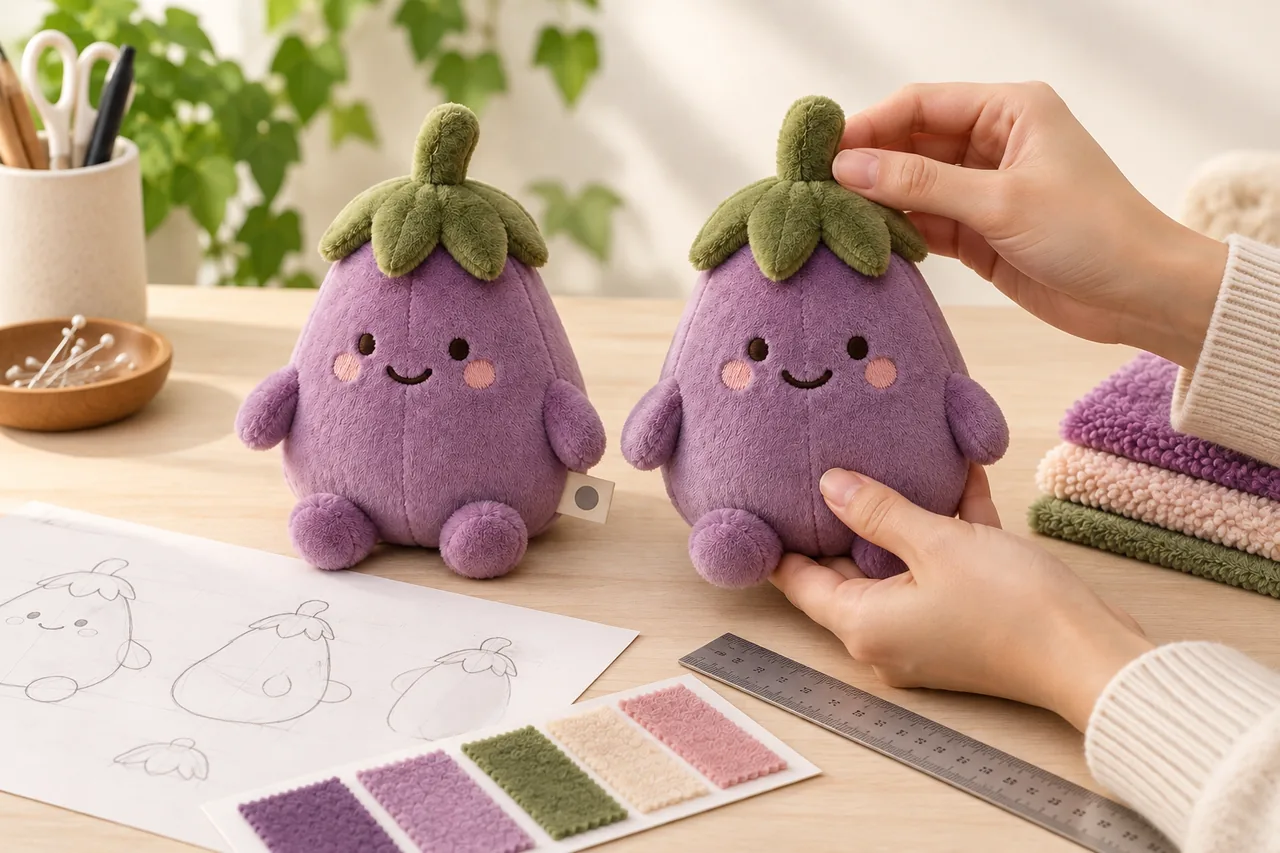 Illustration of reviewing a finished custom plush sample before bulk production