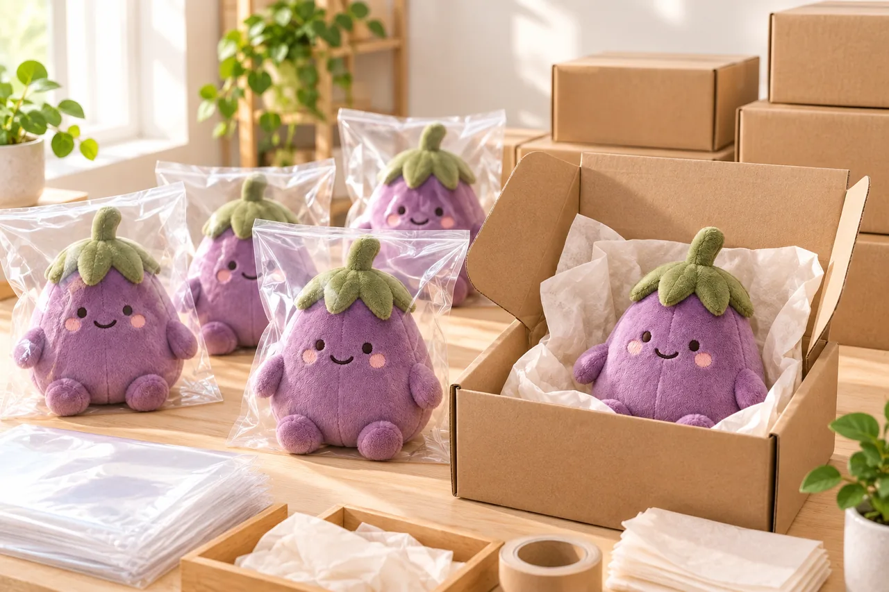 Illustration of packing custom plush toys for delivery